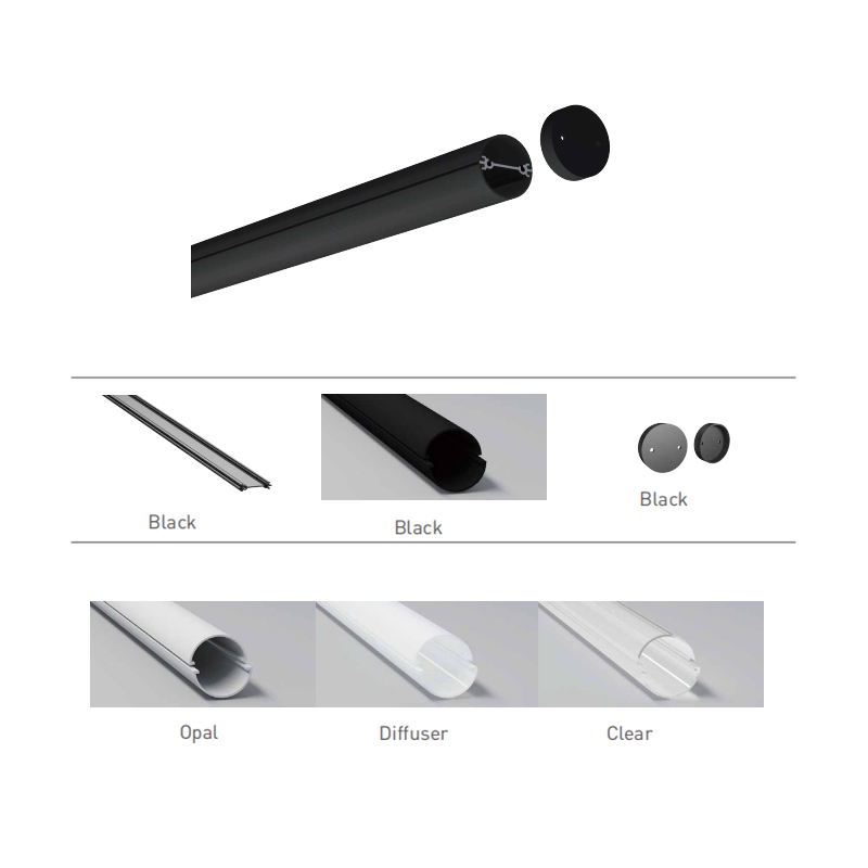 Round Black Aluminum Profile For LED Strip Lighting With 14.5mm Inner Width